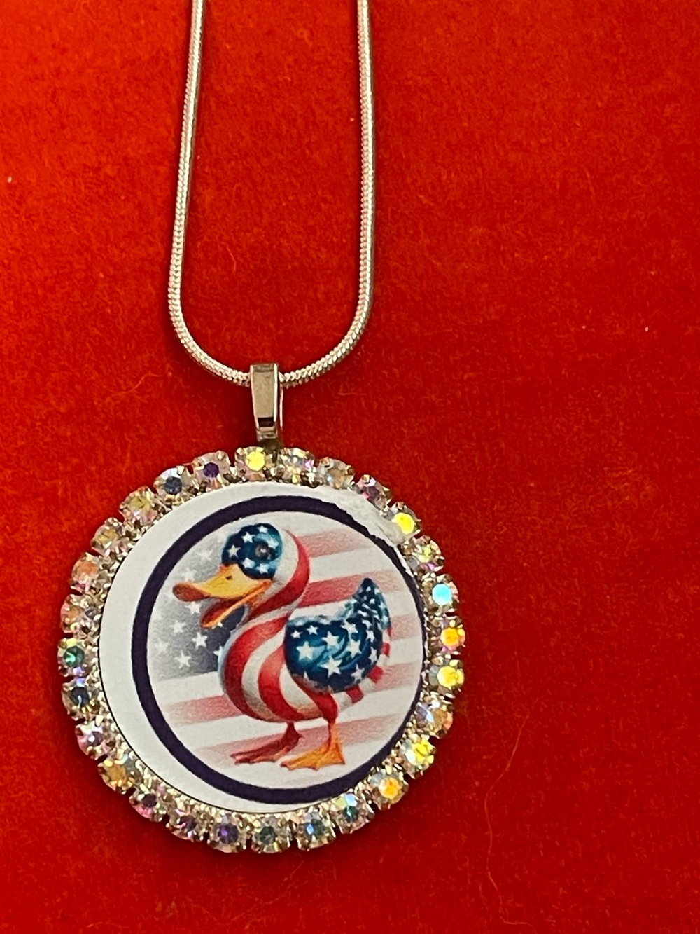 Patriotic Duck Crystal Pendant Necklace - Silver